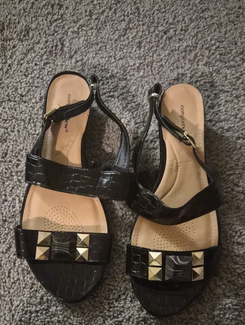 comfortview Black Slingback Sandals with Gold Studs